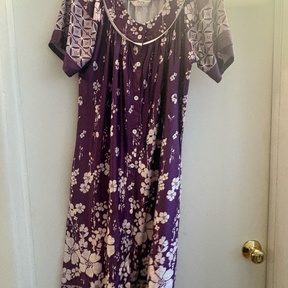 Purple Floral Button-Front Maxi Dress with Short Puff Sleeves